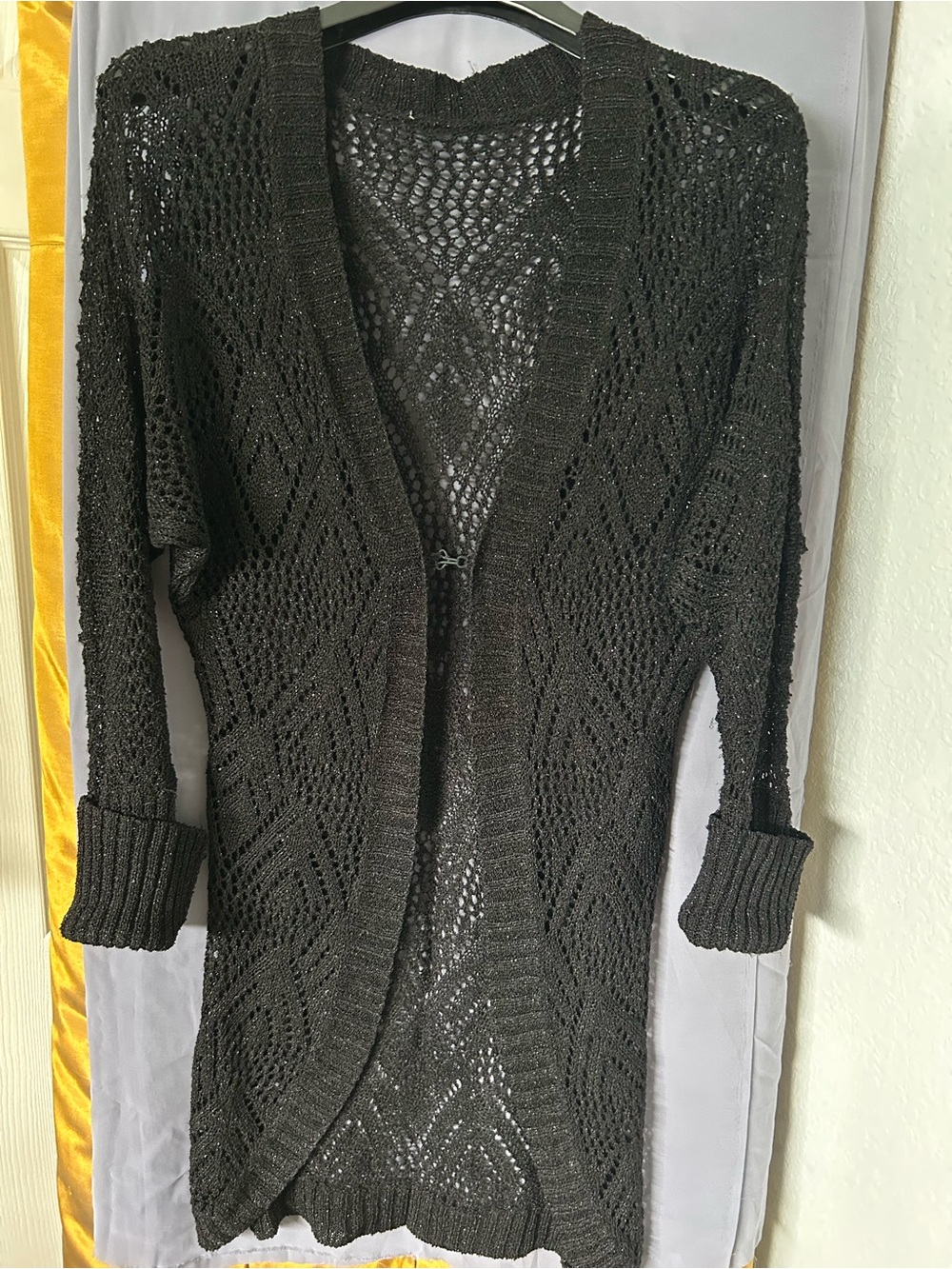 Open-Knit Longline Cardigan Sweater - Black
